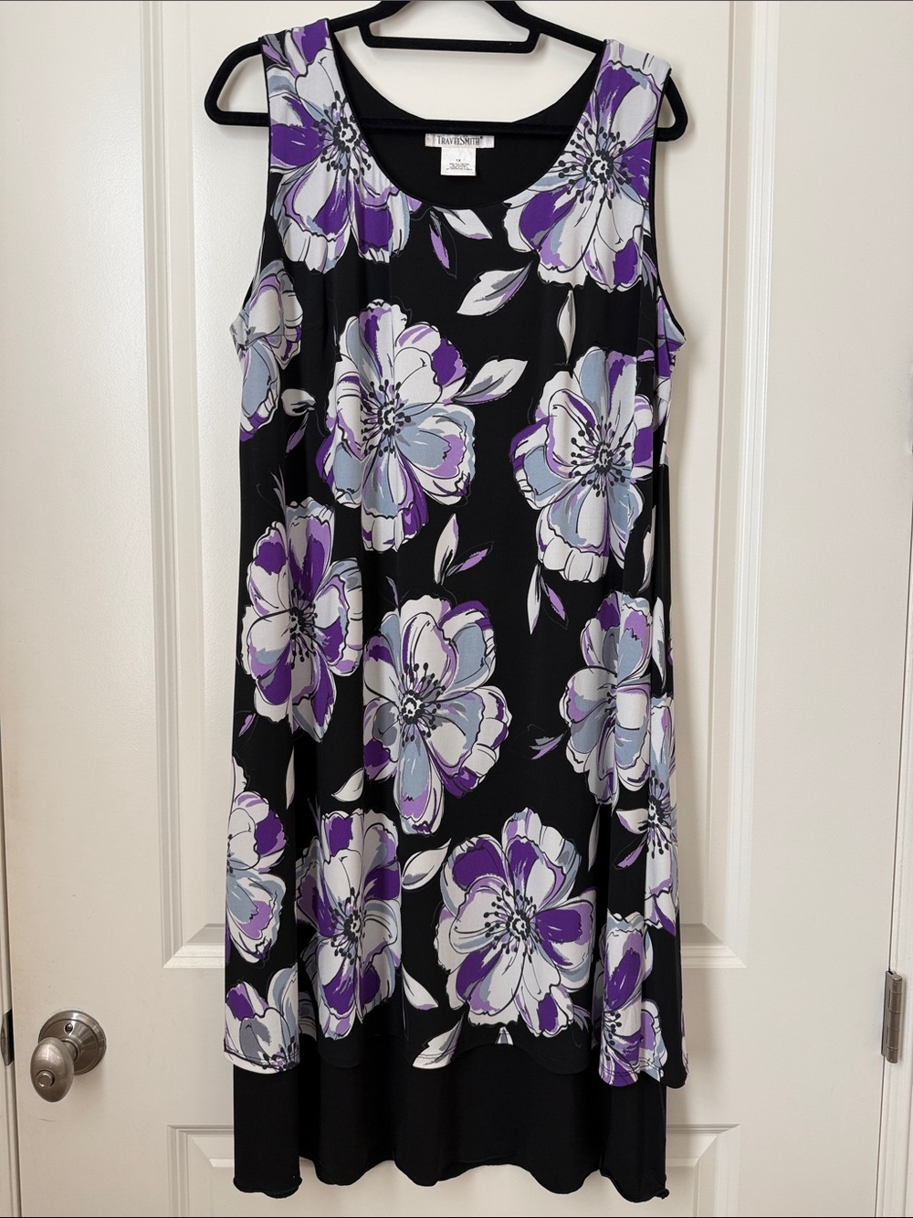 TravelSmith Black Floral Midi Dress with Purple & White Blooms